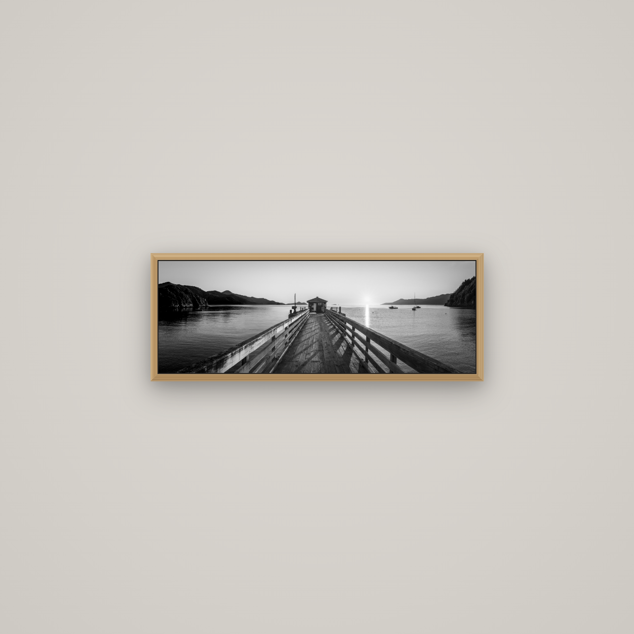 Journey to Sunrise, French Pass Pier, Basel Natural Oak, 68×24 cm. New Zealand fine art wall art by Stephen Milner.