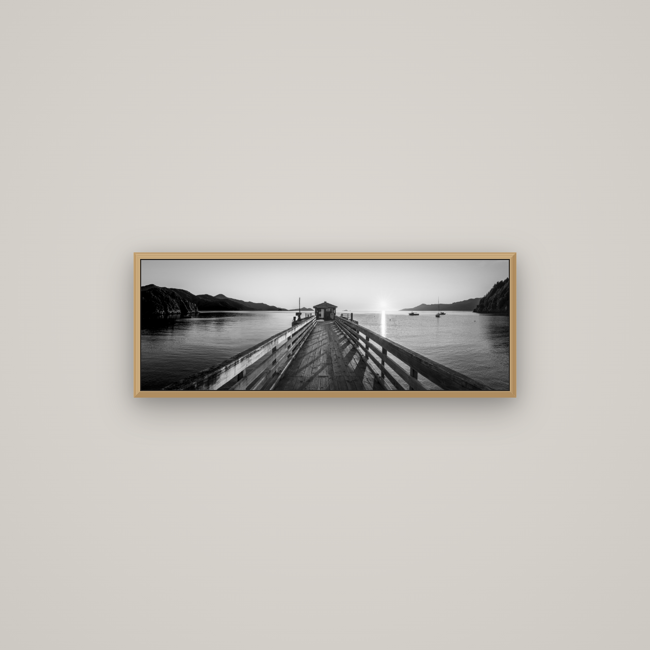 Journey to Sunrise, French Pass Pier, Basel Natural Oak, 85×30 cm. New Zealand fine art wall art by Stephen Milner.