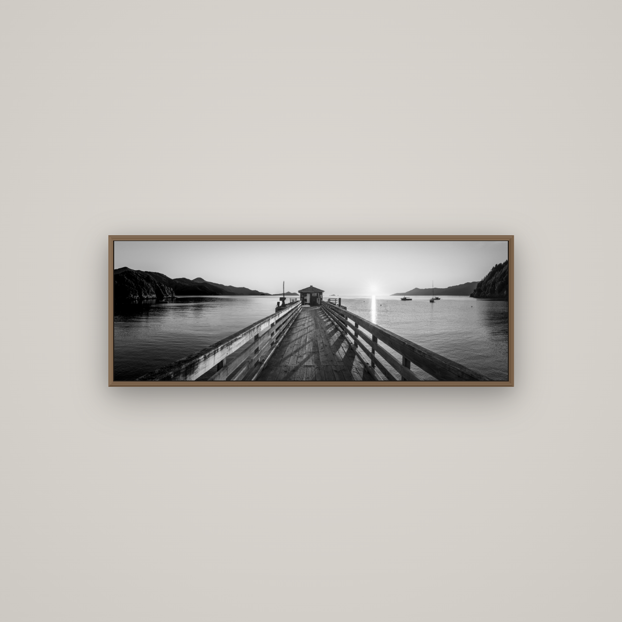 Journey to Sunrise, French Pass Pier, Basel Walnut, 113×40 cm. New Zealand fine art wall art by Stephen Milner.