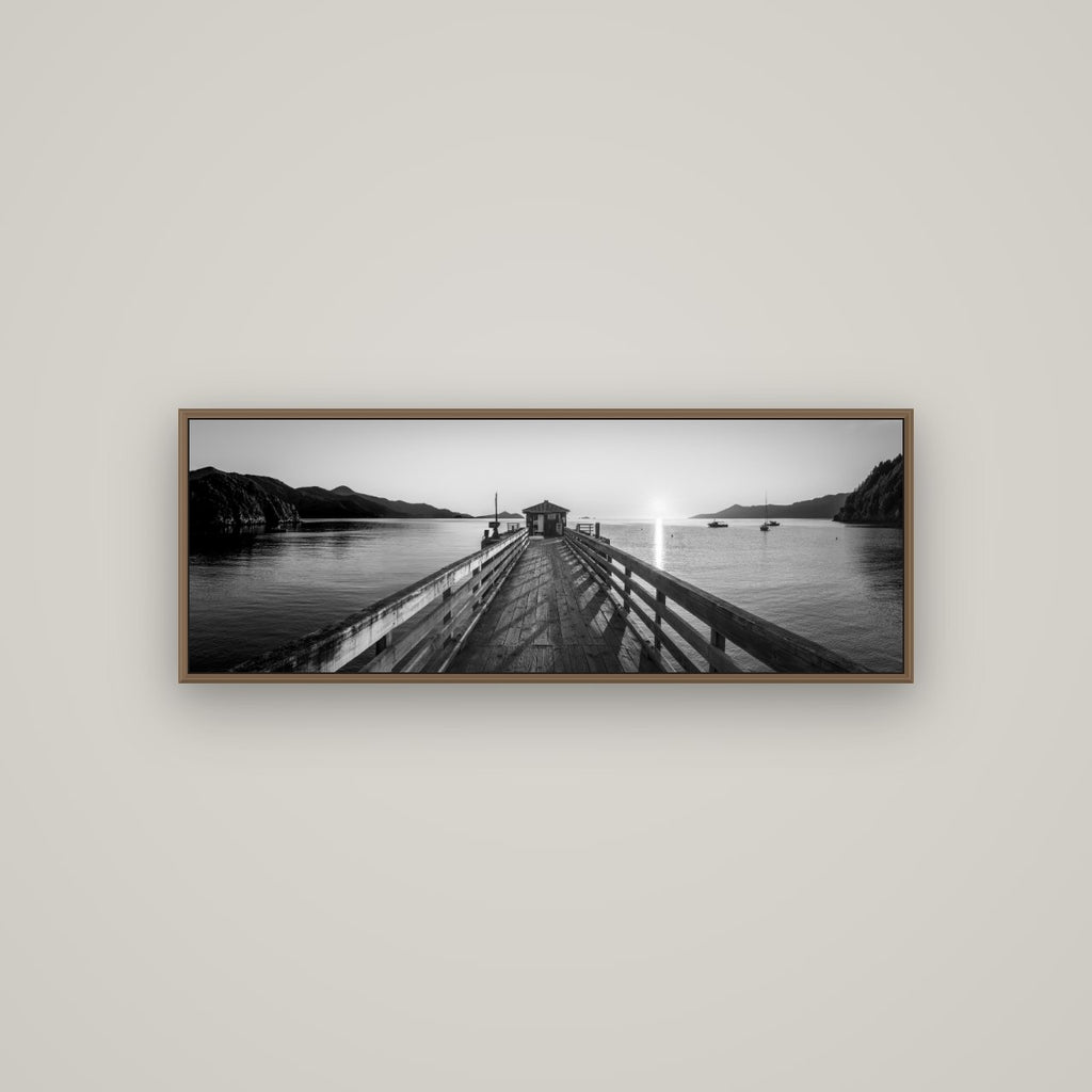 Journey to Sunrise, French Pass Pier, Basel Walnut, 113×40 cm. New Zealand fine art wall art by Stephen Milner.