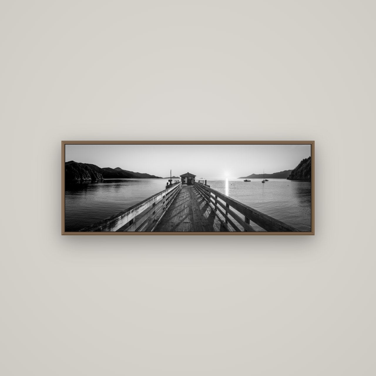 Journey to Sunrise, French Pass Pier, Basel Walnut, 113×40 cm. New Zealand fine art wall art by Stephen Milner.