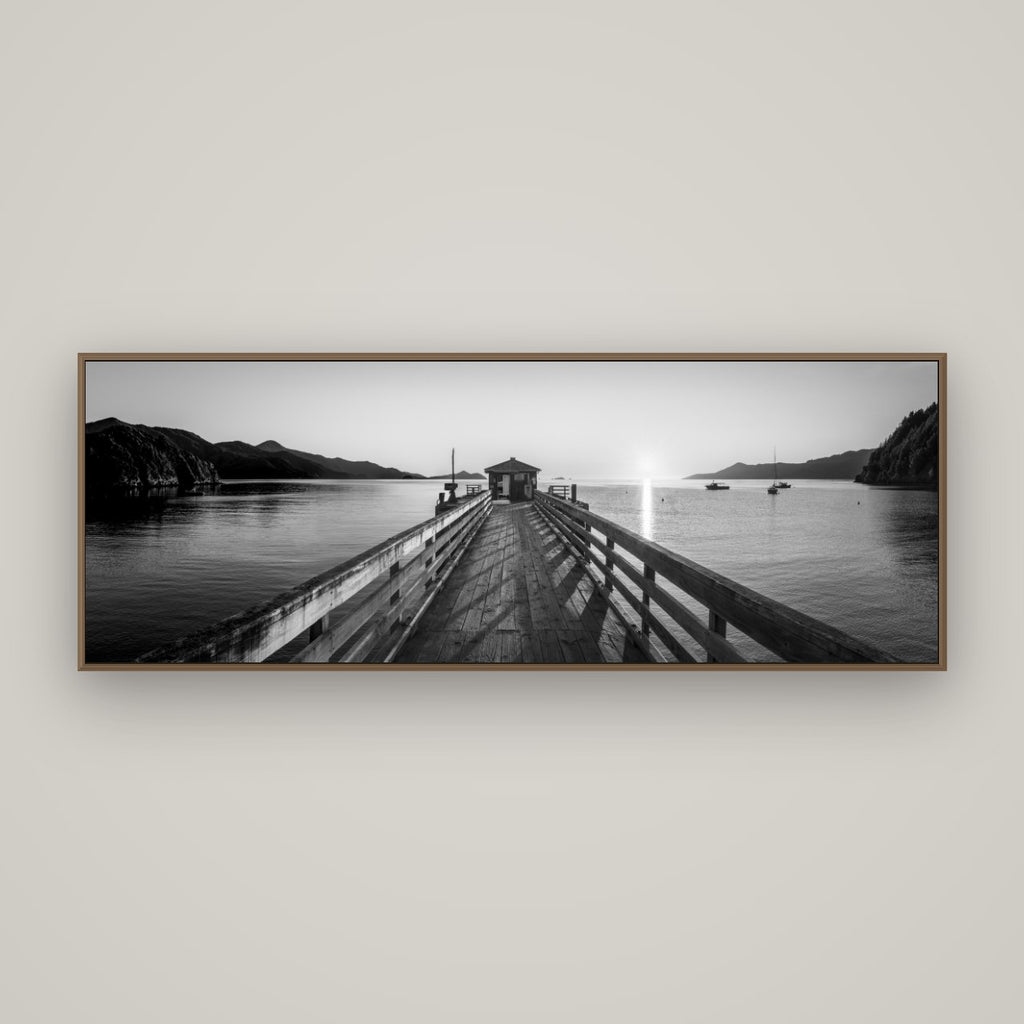 Journey to Sunrise, French Pass Pier, Basel Walnut, 170×60 cm. New Zealand fine art wall art by Stephen Milner.
