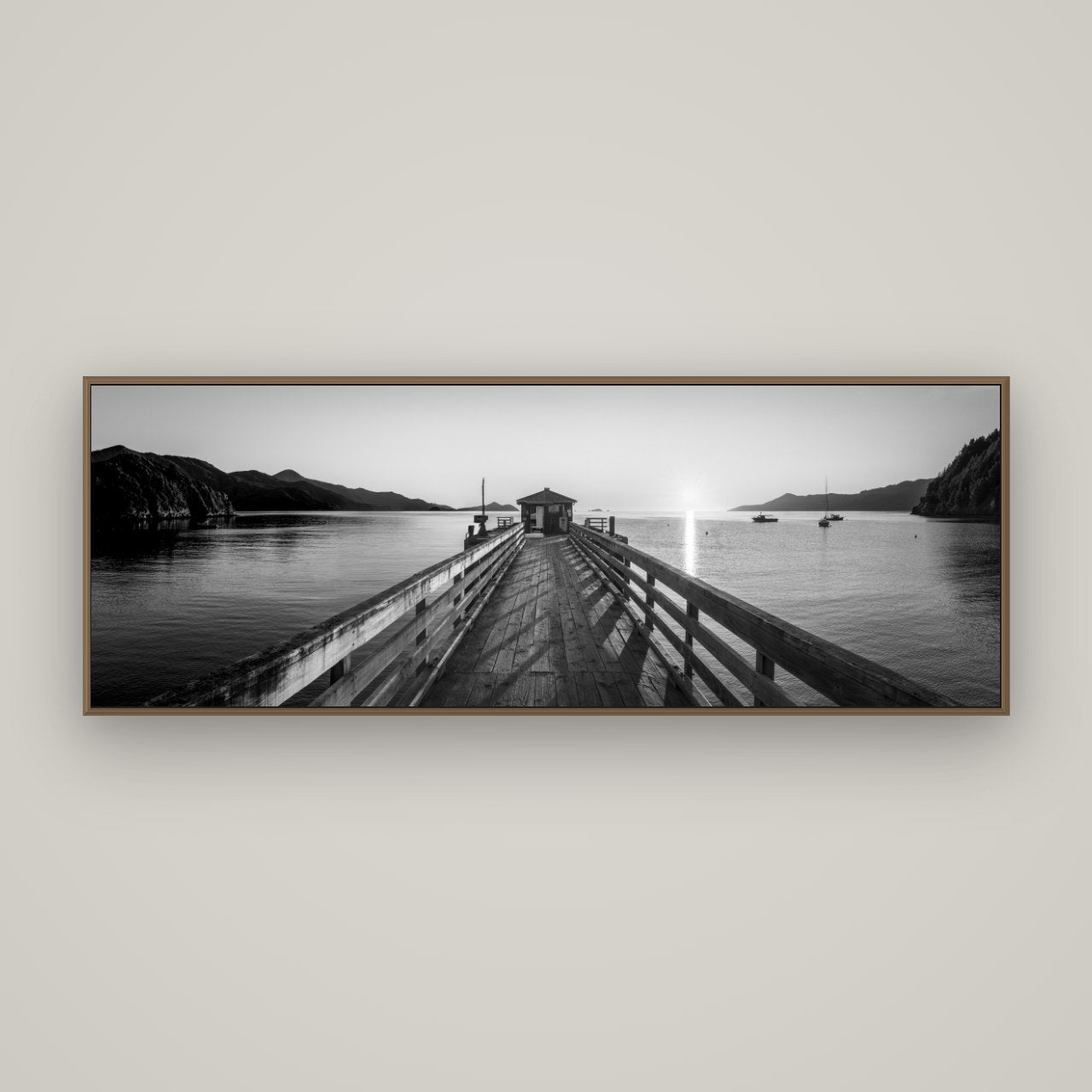 Journey to Sunrise, French Pass Pier, Basel Walnut, 170×60 cm. New Zealand fine art wall art by Stephen Milner.