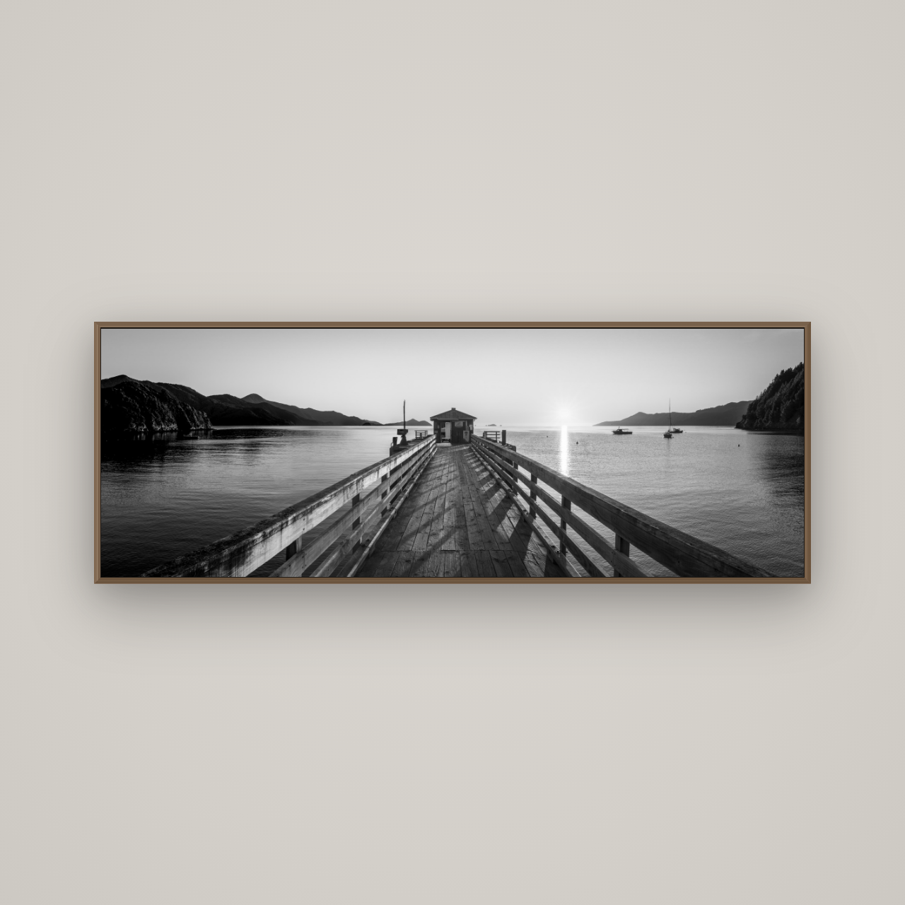 Journey to Sunrise, French Pass Pier, Basel Walnut, 170×60 cm. New Zealand fine art wall art by Stephen Milner.
