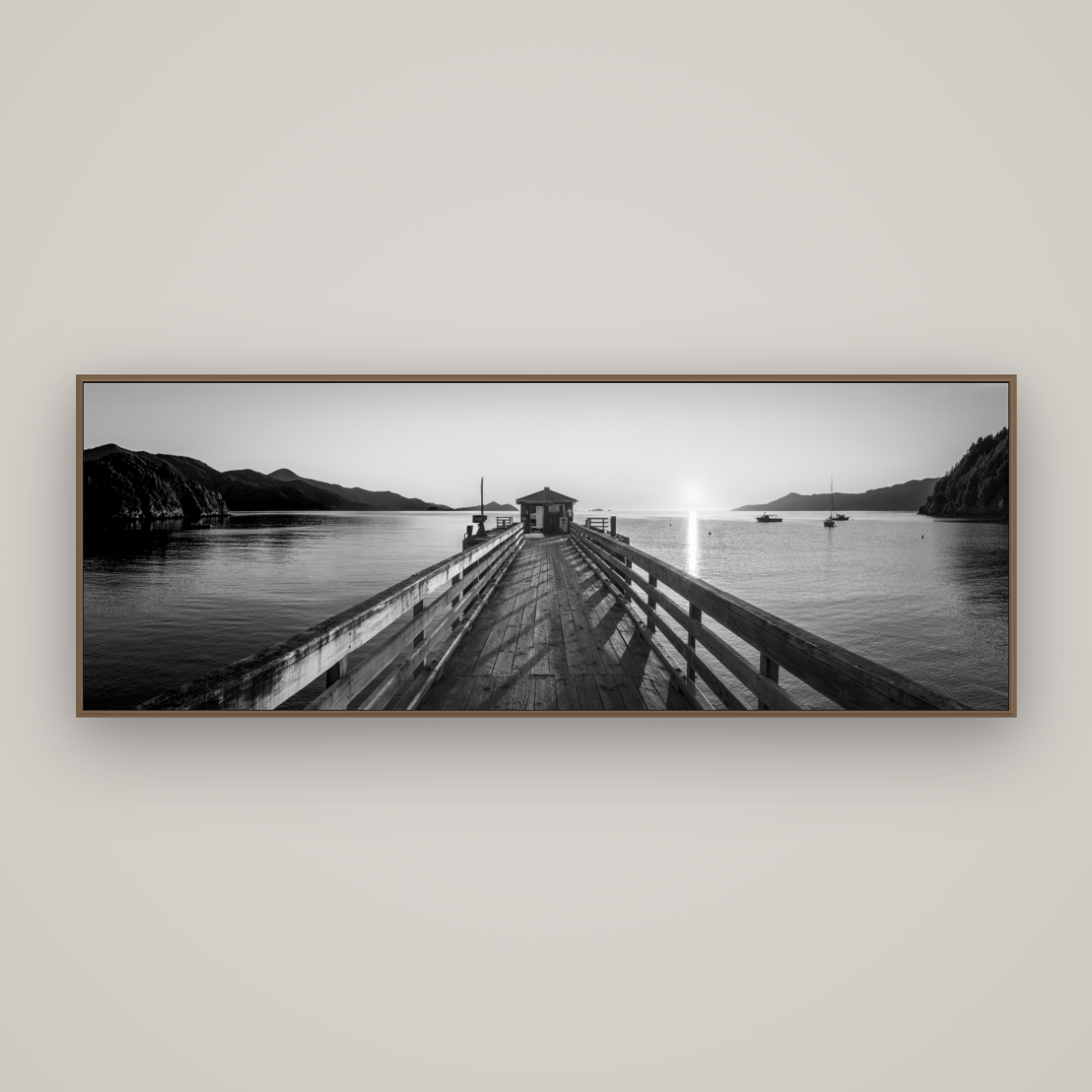 Journey to Sunrise, French Pass Pier, Basel Walnut, 198×70 cm. New Zealand fine art wall art by Stephen Milner.