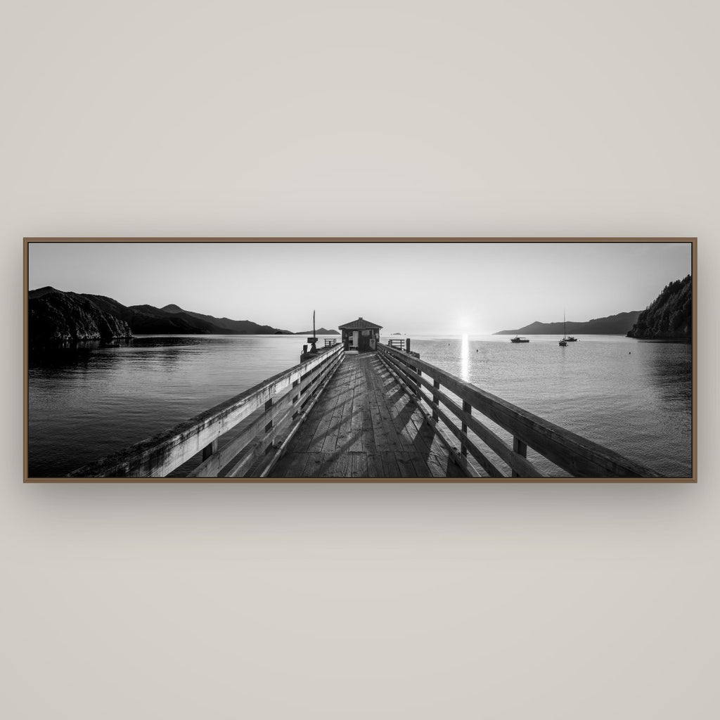 Journey to Sunrise, French Pass Pier, Basel Walnut, 198×70 cm. New Zealand fine art wall art by Stephen Milner.