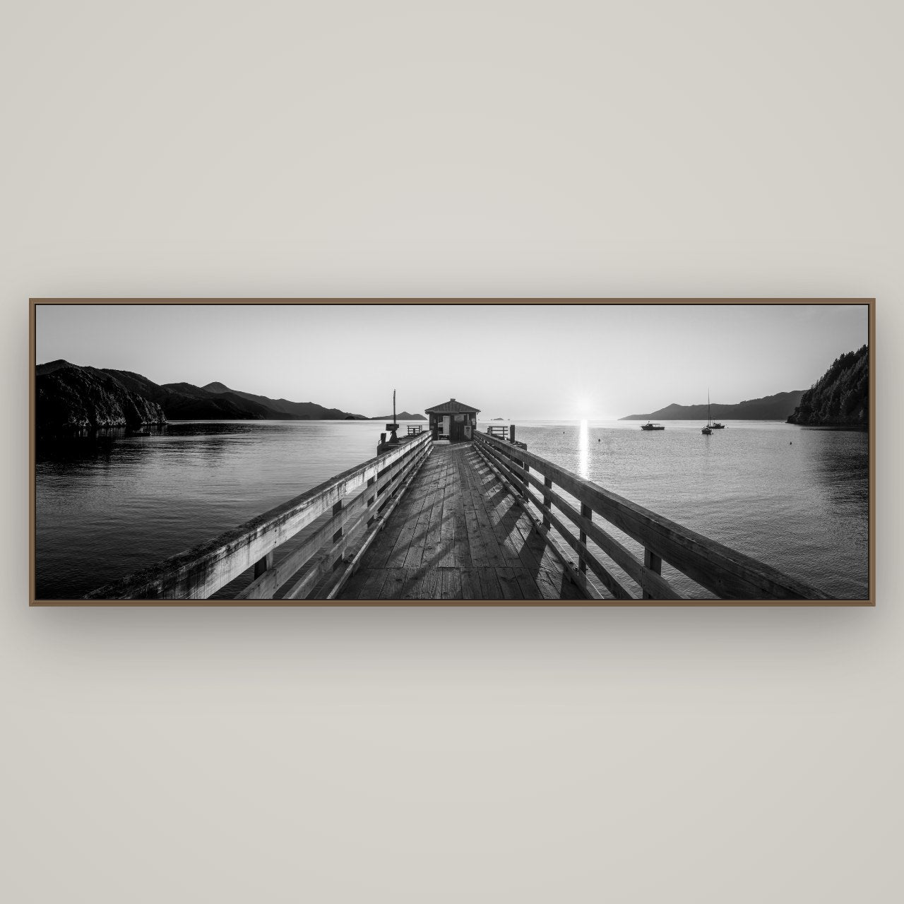 Journey to Sunrise, French Pass Pier, Basel Walnut, 198×70 cm. New Zealand fine art wall art by Stephen Milner.