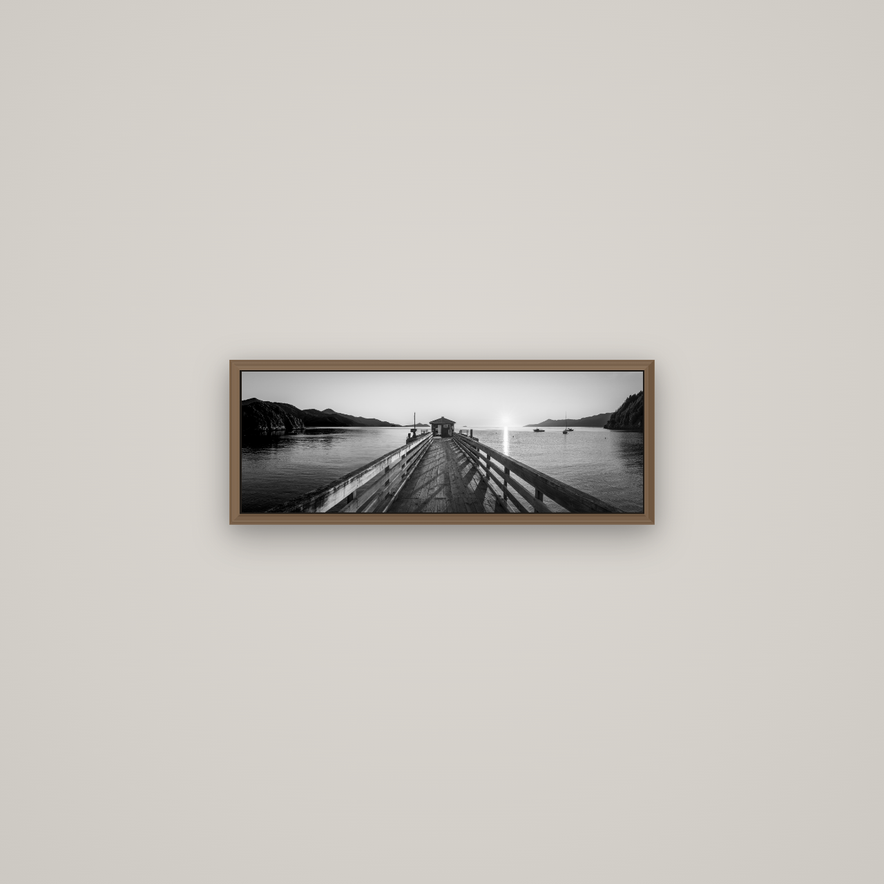 Journey to Sunrise, French Pass Pier, Basel Walnut, 57×20 cm. New Zealand fine art wall art by Stephen Milner.