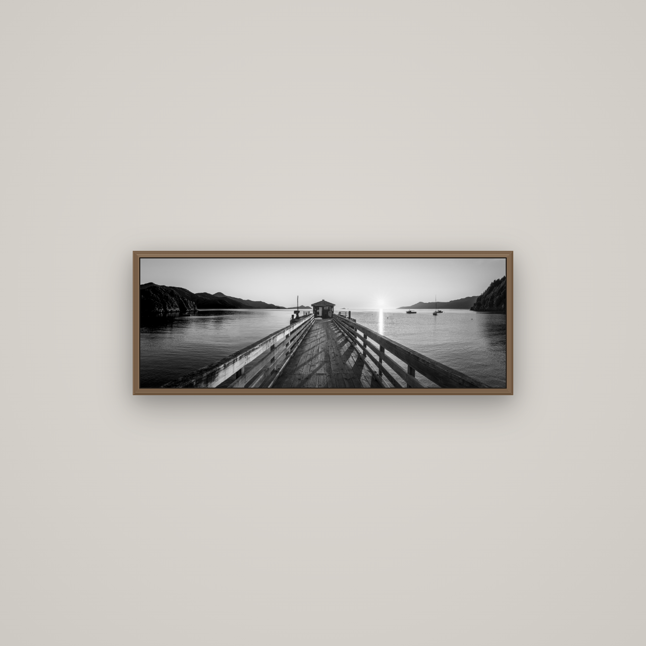 Journey to Sunrise, French Pass Pier, Basel Walnut, 85×30 cm. New Zealand fine art wall art by Stephen Milner.