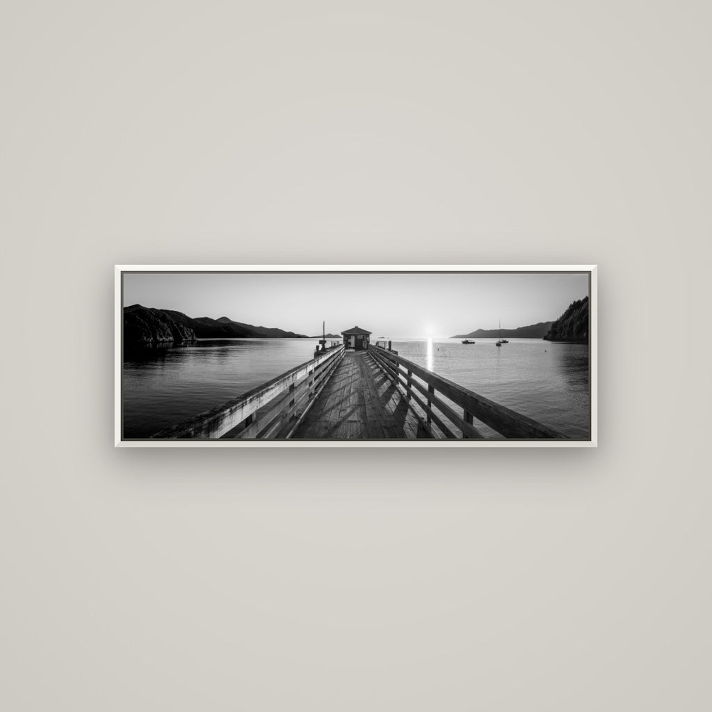 Journey to Sunrise, French Pass Pier — Basel White, 113×40 cm. New Zealand fine art wall art by Stephen Milner.