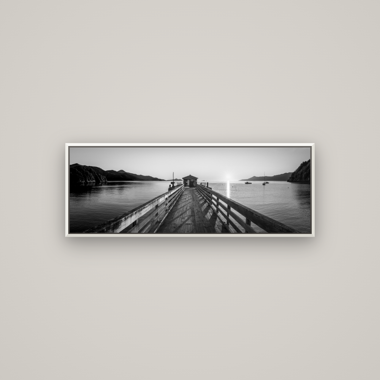 Journey to Sunrise, French Pass Pier — Basel White, 113×40 cm. New Zealand fine art wall art by Stephen Milner.