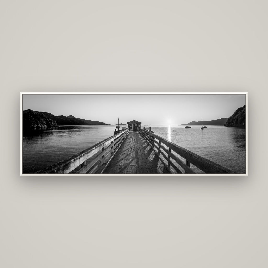 Journey to Sunrise, French Pass Pier — Basel White, 170×60 cm. New Zealand fine art wall art by Stephen Milner.