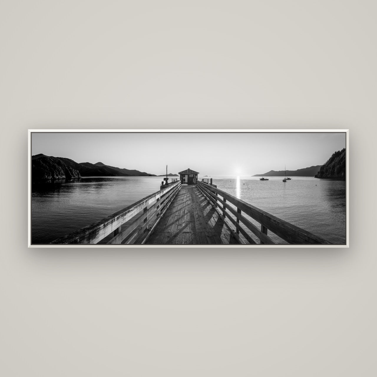 Journey to Sunrise, French Pass Pier — Basel White, 170×60 cm. New Zealand fine art wall art by Stephen Milner.
