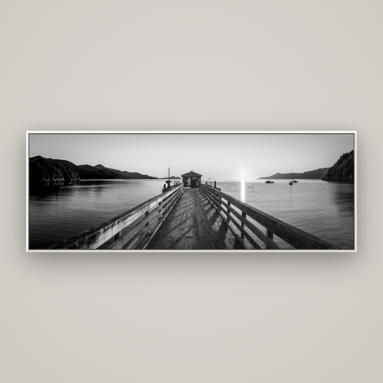 Journey to Sunrise, French Pass Pier — Basel White, 198×70 cm. New Zealand fine art wall art by Stephen Milner.