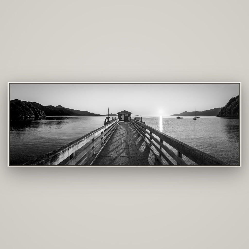 Journey to Sunrise, French Pass Pier — Basel White, 198×70 cm. New Zealand fine art wall art by Stephen Milner.