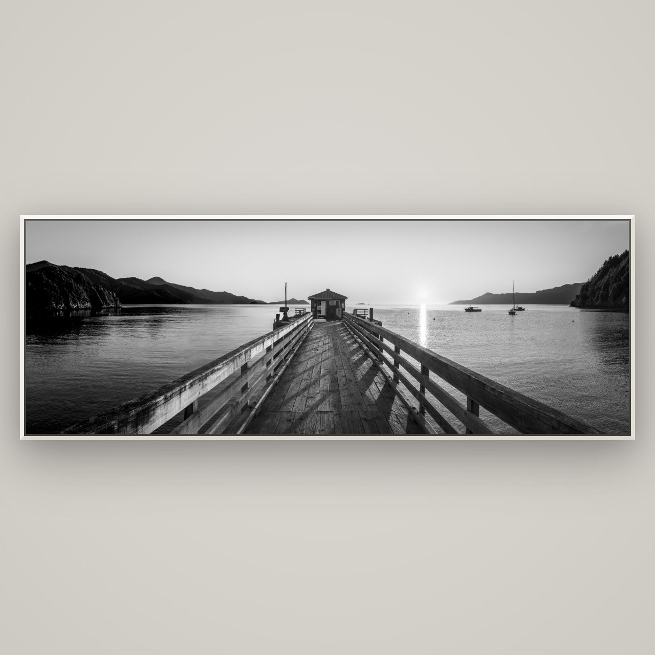 Journey to Sunrise, French Pass Pier — Basel White, 198×70 cm. New Zealand fine art wall art by Stephen Milner.