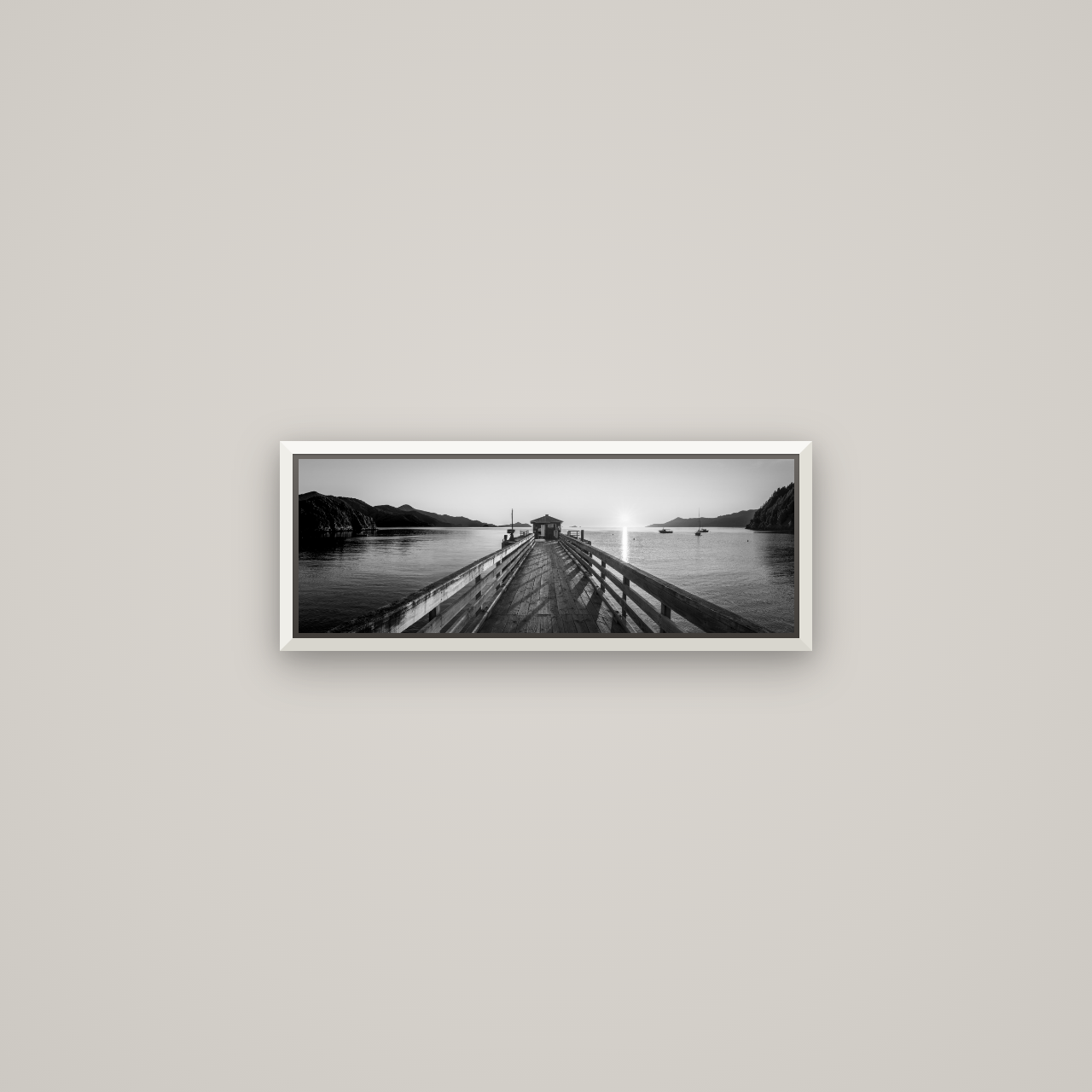 Journey to Sunrise, French Pass Pier — Basel White, 57×20 cm. New Zealand fine art wall art by Stephen Milner.