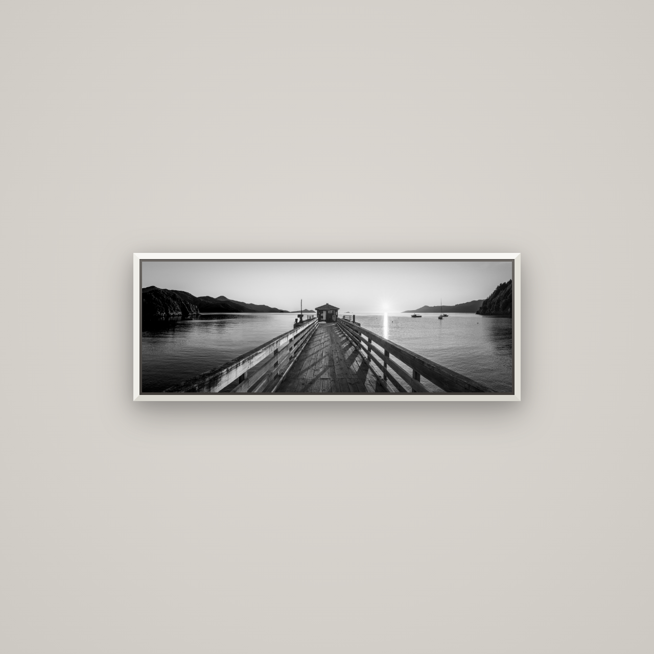 Journey to Sunrise, French Pass Pier — Basel White, 85×30 cm. New Zealand fine art wall art by Stephen Milner.