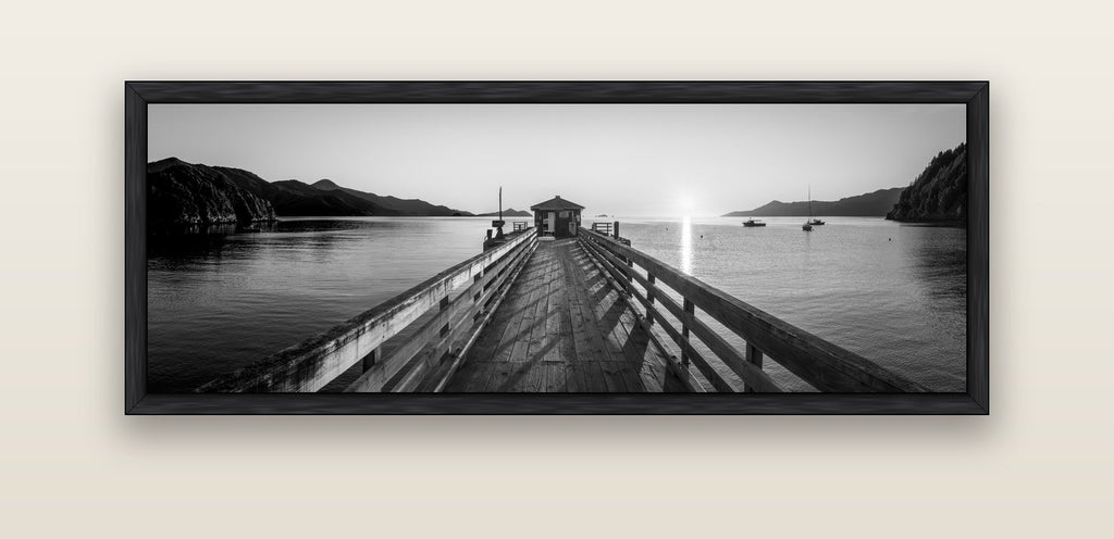 Journey to Sunrise, French Pass Pier — black float frame canvas, 152 × 56 cm. New Zealand fine art landscape wall art by Stephen Milner.