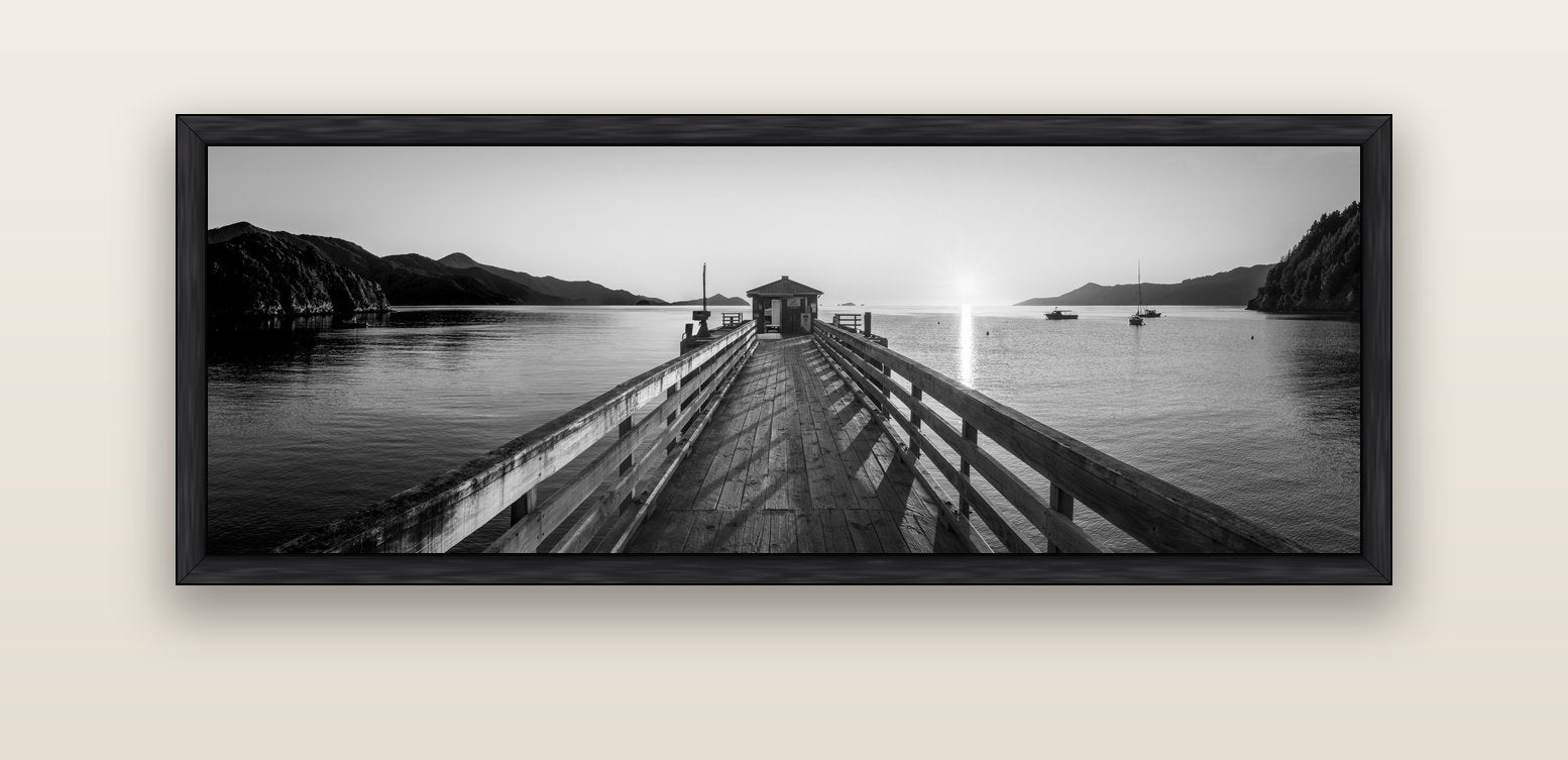 Journey to Sunrise, French Pass Pier — black float frame canvas, 152 × 56 cm. New Zealand fine art landscape wall art by Stephen Milner.