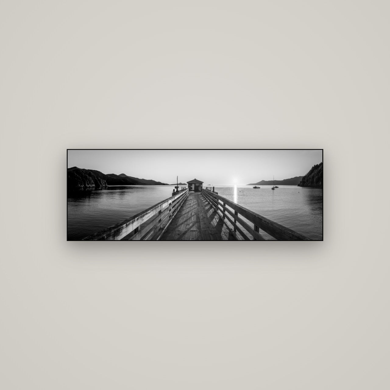 Journey to Sunrise, French Pass Pier — Slimline Black, 113×40 cm. New Zealand fine art wall art by Stephen Milner.