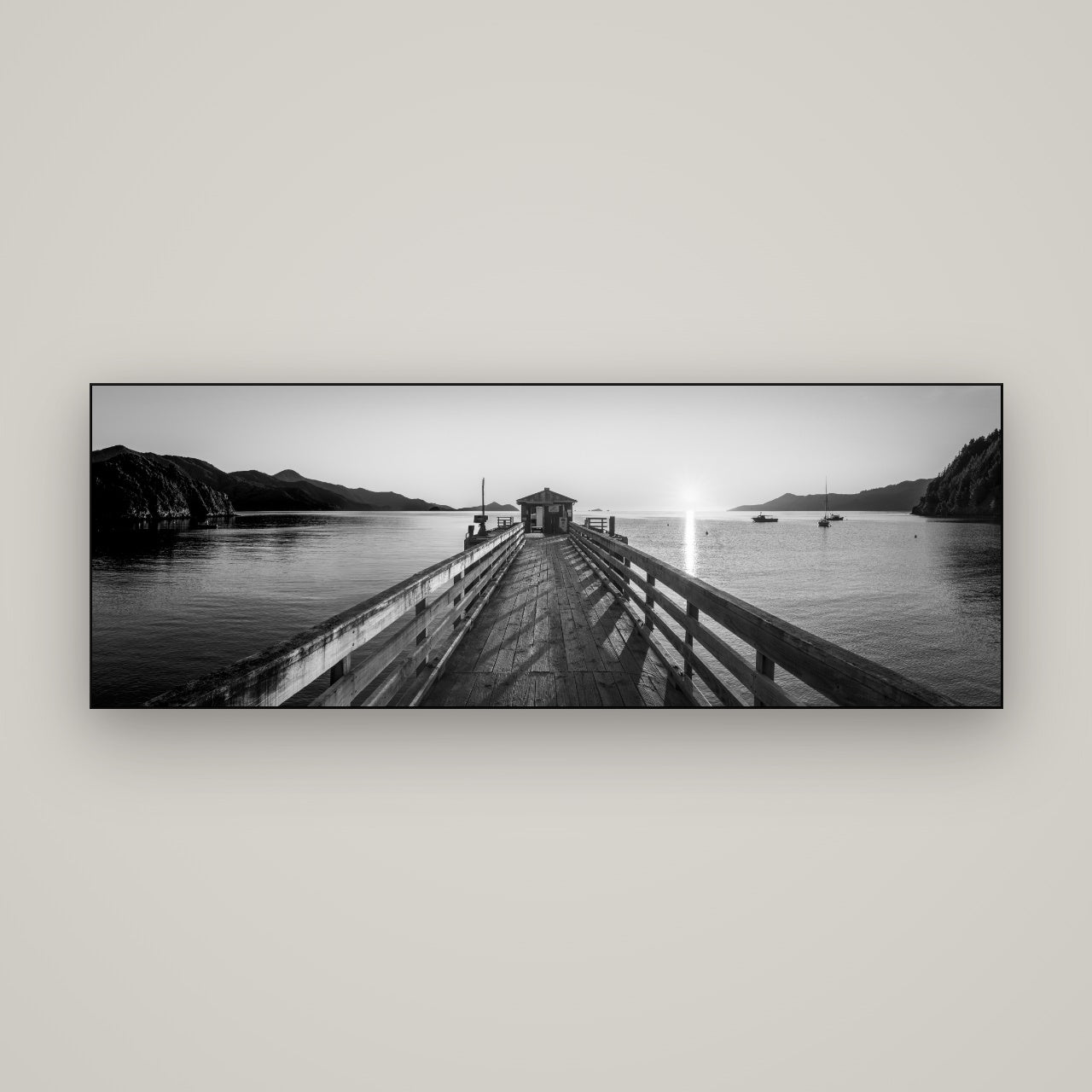 Journey to Sunrise, French Pass Pier — Slimline Black, 170×60 cm. New Zealand fine art wall art by Stephen Milner.