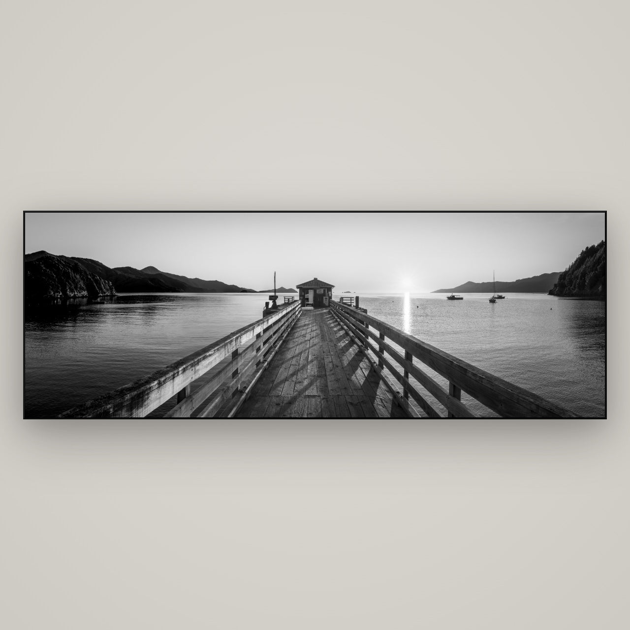 Journey to Sunrise, French Pass Pier — Slimline Black, 198×70 cm. New Zealand fine art wall art by Stephen Milner.