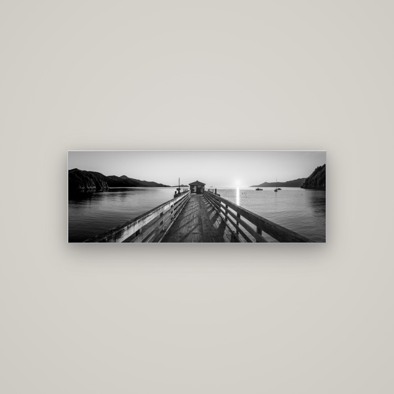Journey to Sunrise, French Pass Pier — Slimline Silver, 113×40 cm. New Zealand fine art wall art by Stephen Milner.