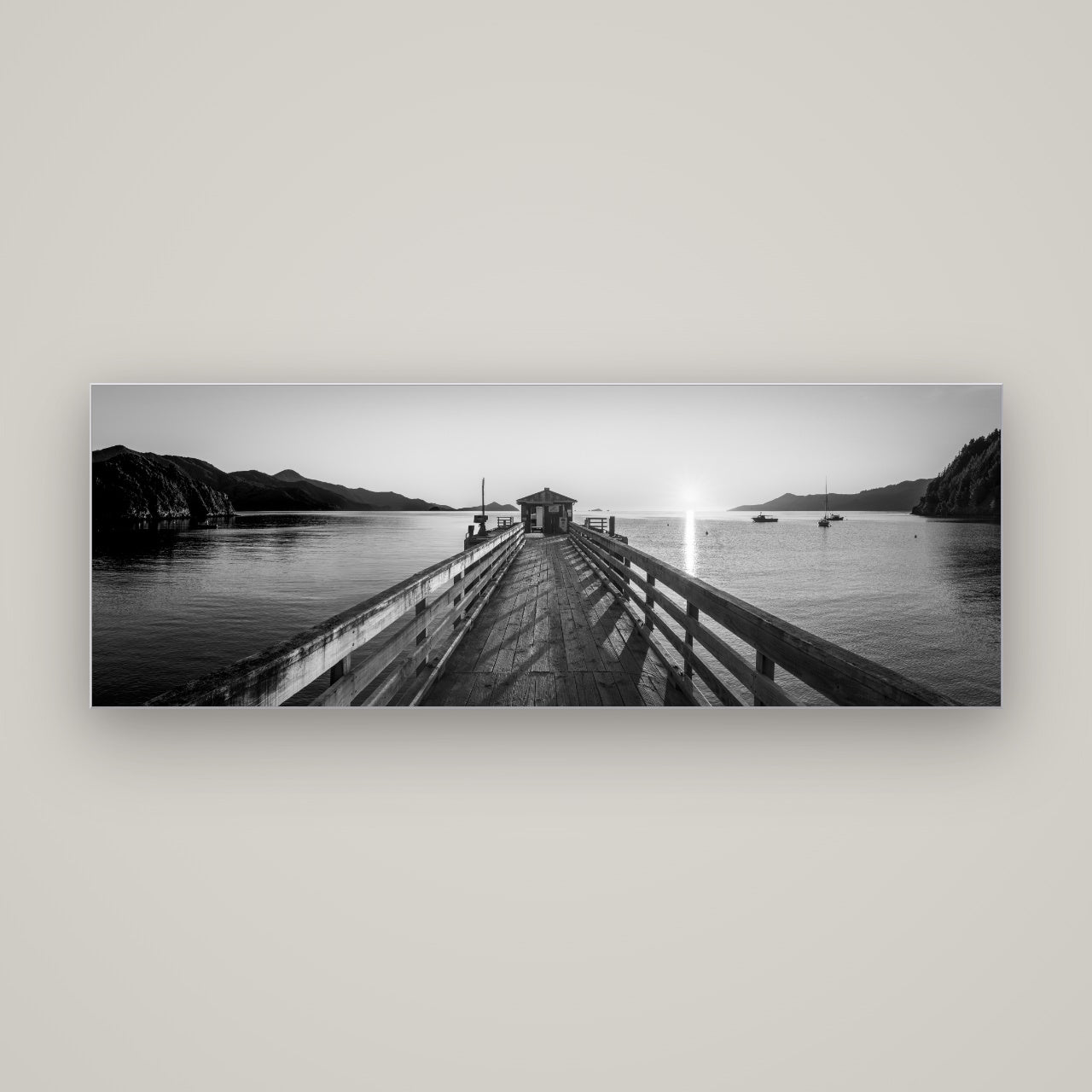Journey to Sunrise, French Pass Pier — Slimline Silver, 170×60 cm. New Zealand fine art wall art by Stephen Milner.