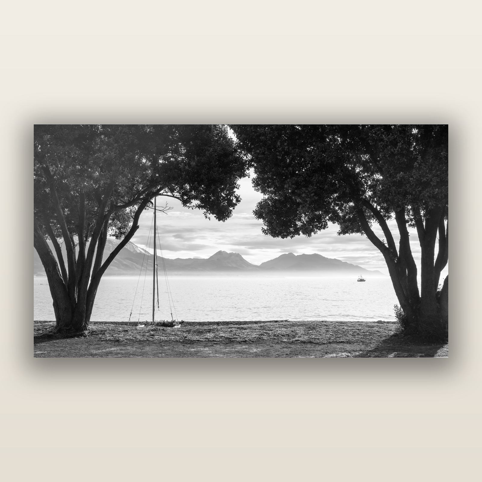 Kaikōura's Coastal Embrace, black and white frameless acrylic glass print. New Zealand fine art photography by Stephen Milner.