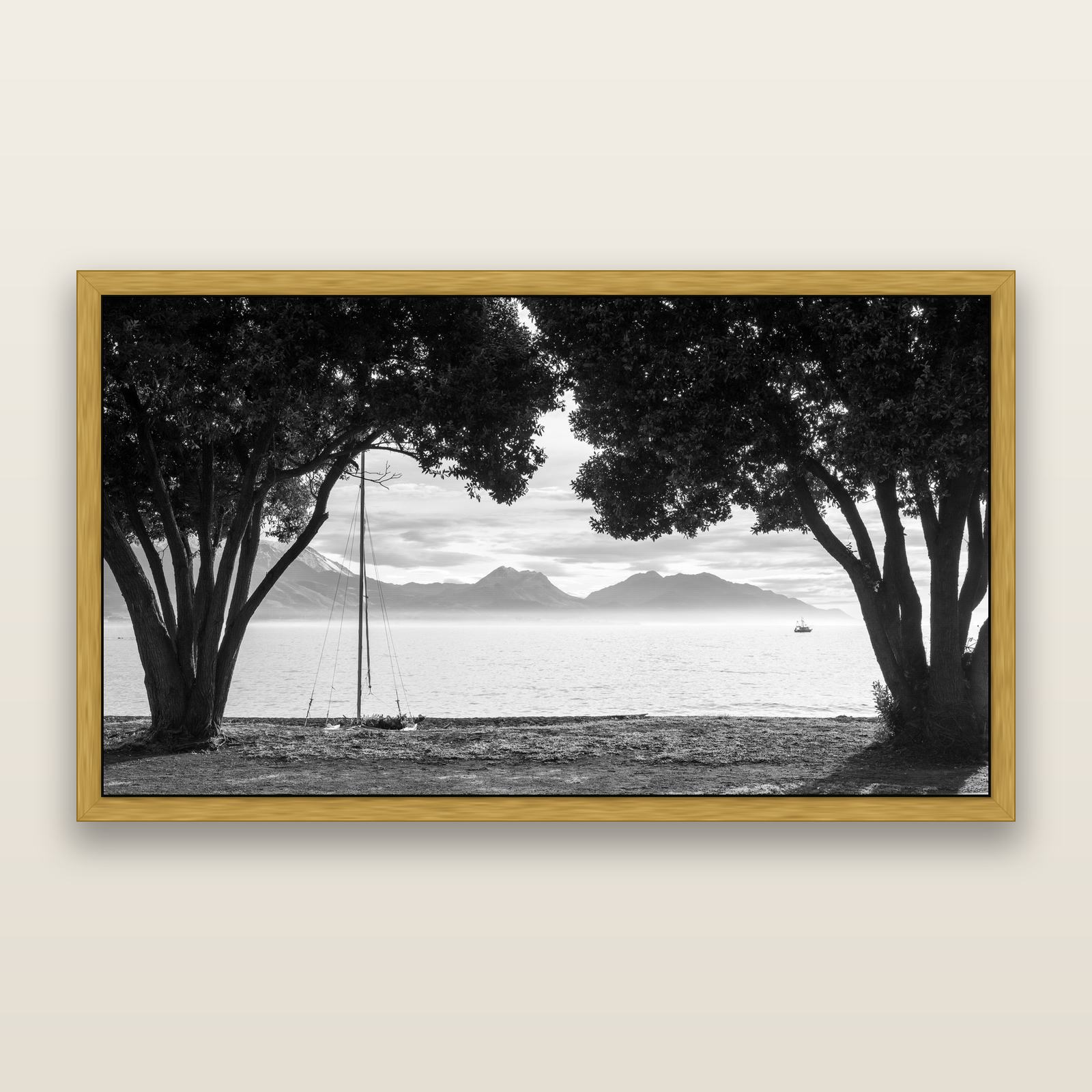 Kaikōura's Coastal Embrace, black and white framed metallic canvas print, Antique Gold frame. New Zealand fine art wall art by Stephen Milner.