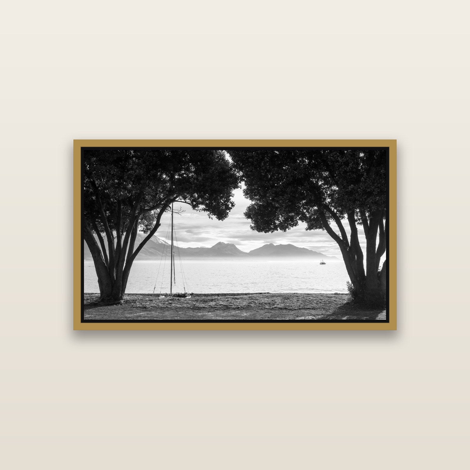 Kaikōura's Coastal Embrace — Antique Gold framed metallic canvas print, small 81 × 46 cm. New Zealand fine art landscape wall art by Stephen Milner.