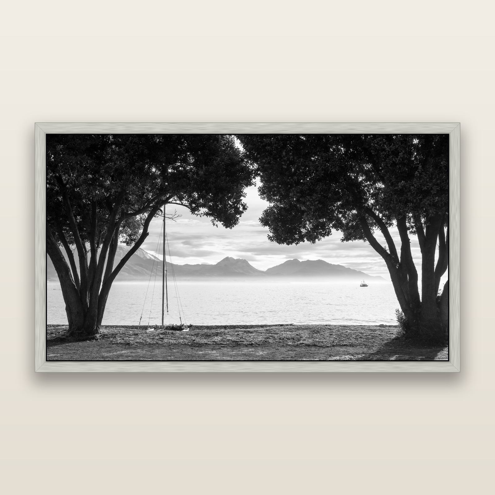Kaikōura's Coastal Embrace, black and white framed metallic canvas print, Antique Silver frame. New Zealand fine art wall art by Stephen Milner.
