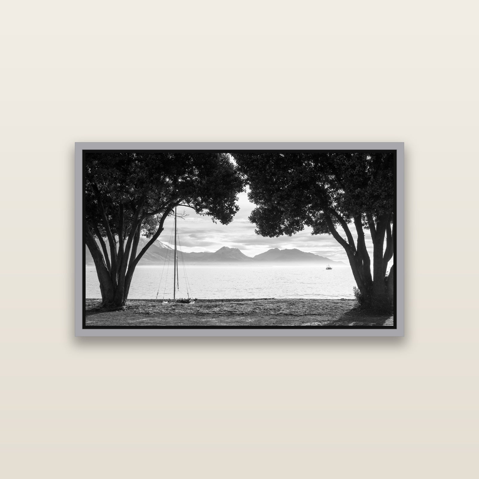Kaikōura's Coastal Embrace — Antique Silver framed metallic canvas print, small 81 × 46 cm. New Zealand fine art landscape wall art by Stephen Milner.