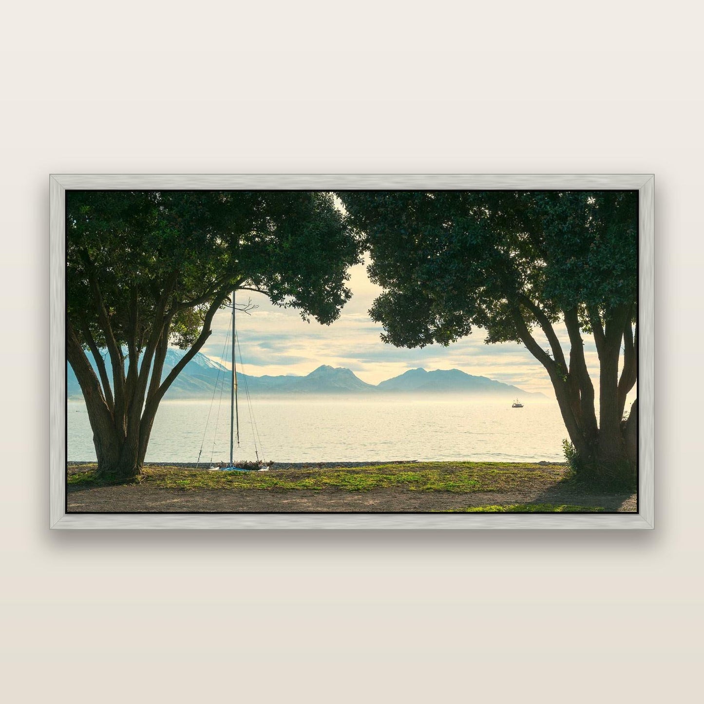 Kaikōura's Coastal Embrace — framed metallic canvas print, Antique Silver frame. New Zealand fine art landscape wall art by Stephen Milner.