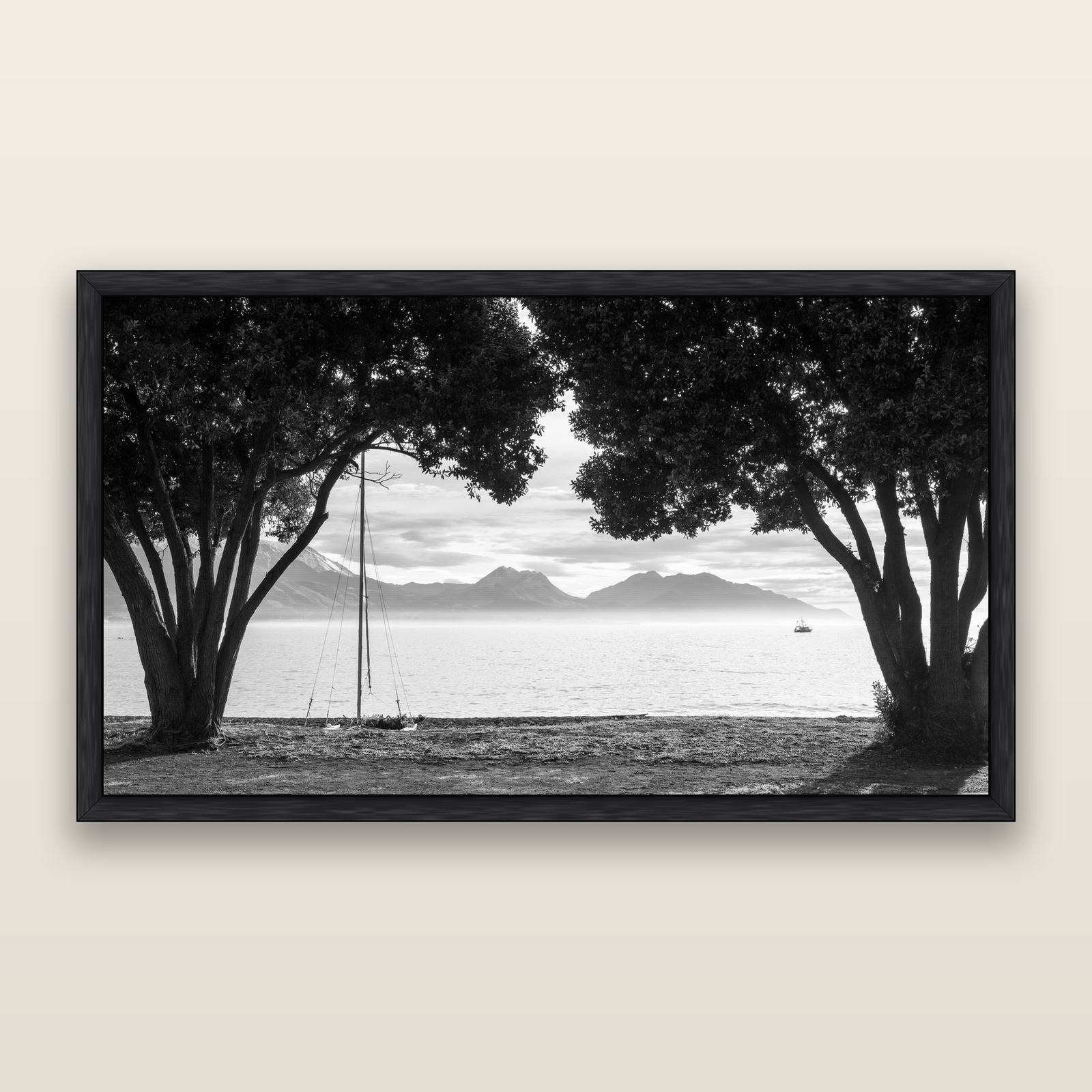 Kaikōura's Coastal Embrace, black and white framed metallic canvas print, Black frame. New Zealand fine art wall art by Stephen Milner.
