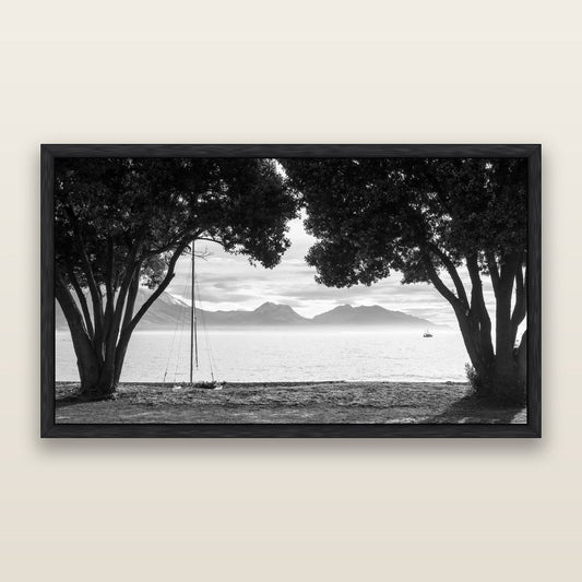Kaikōura's Coastal Embrace, black and white framed metallic canvas print, Black frame. New Zealand fine art wall art by Stephen Milner.