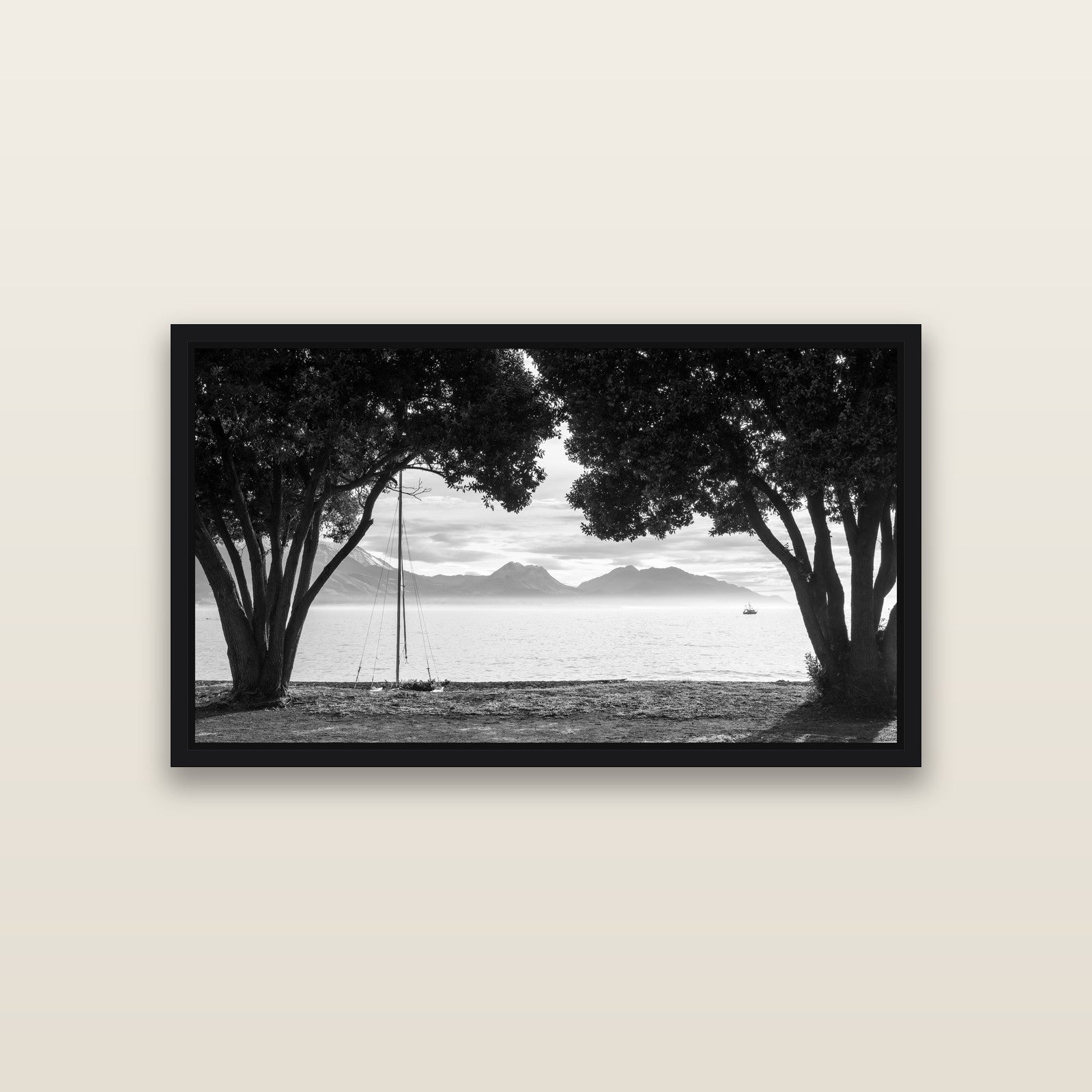 Kaikōura's Coastal Embrace — Black framed metallic canvas print, small 81 × 46 cm. New Zealand fine art landscape wall art by Stephen Milner.