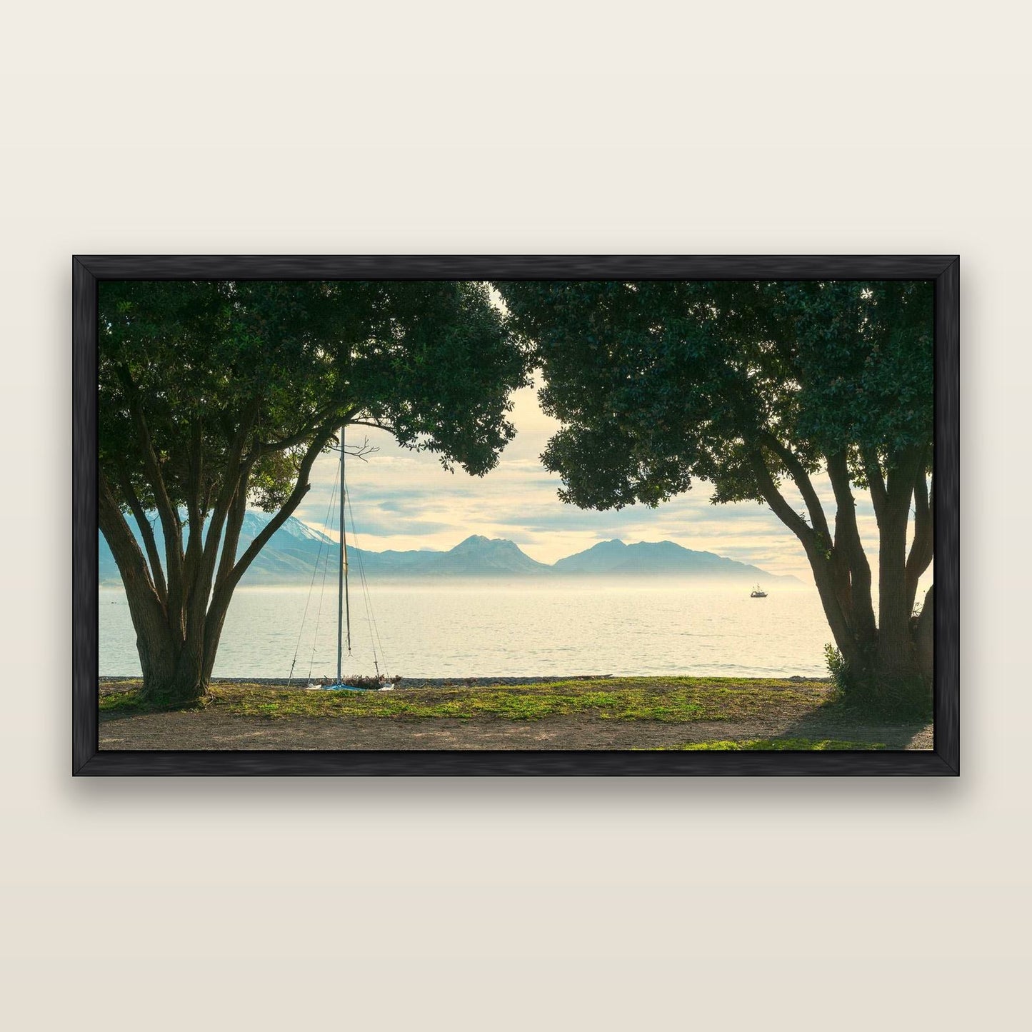Kaikōura's Coastal Embrace — framed metallic canvas print, Black frame. New Zealand fine art landscape wall art by Stephen Milner.