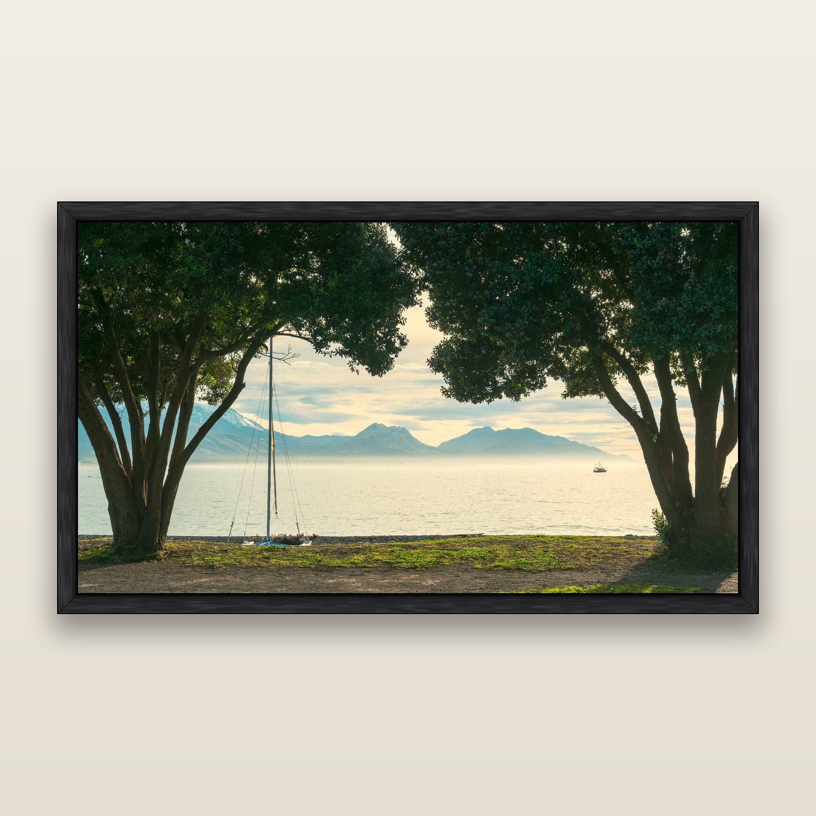 Kaikōura's Coastal Embrace — framed metallic canvas print, Black frame. New Zealand fine art landscape wall art by Stephen Milner.