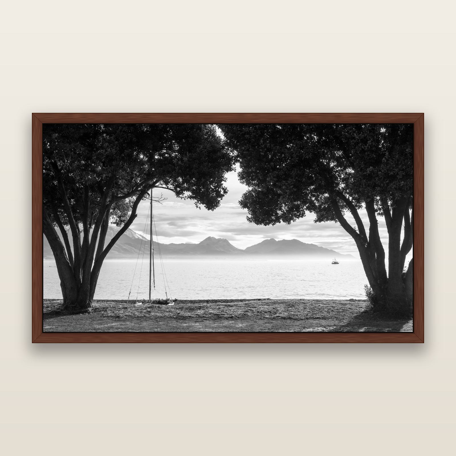 Kaikōura's Coastal Embrace, black and white framed metallic canvas print, Brown frame. New Zealand fine art wall art by Stephen Milner.