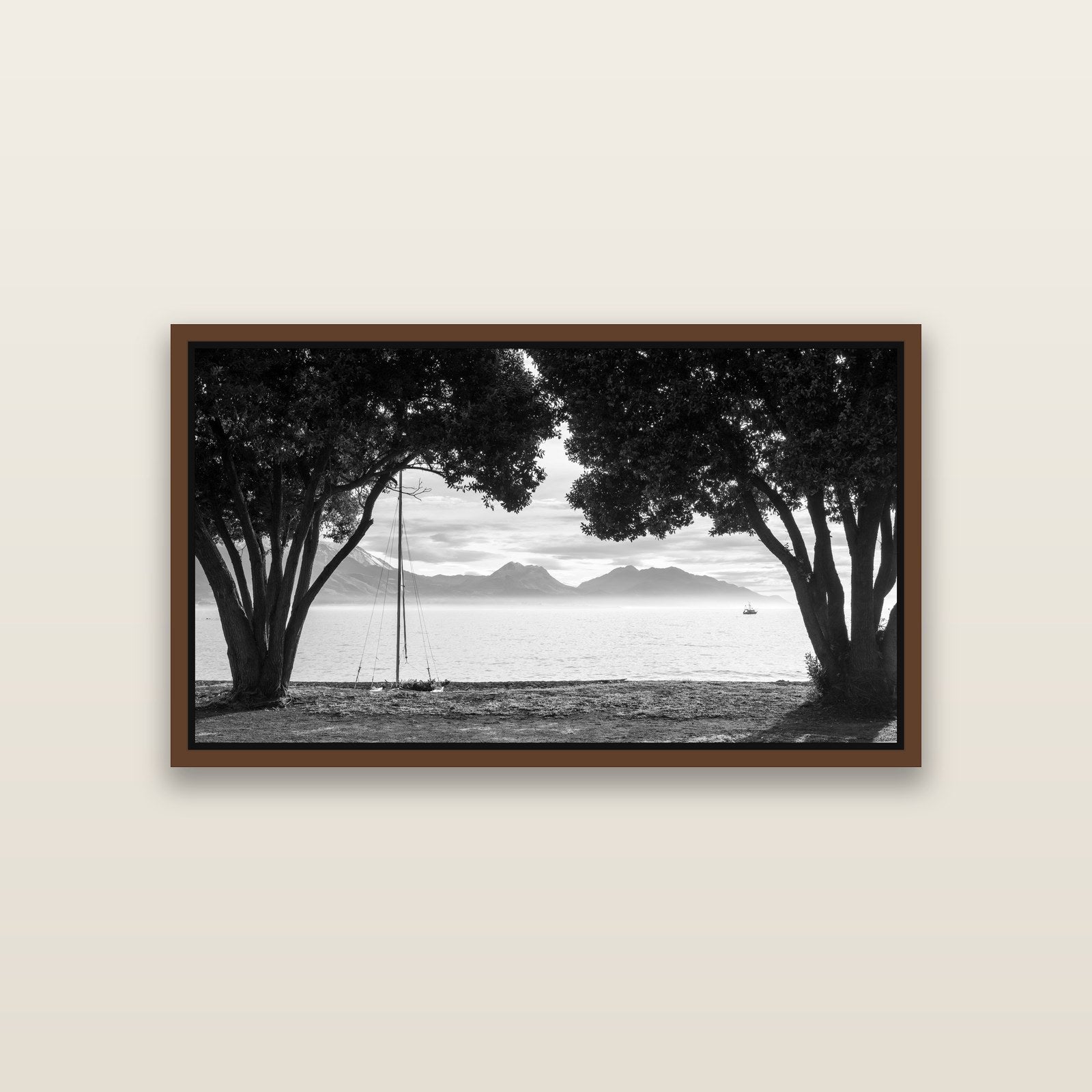 Kaikōura's Coastal Embrace — Brown framed metallic canvas print, small 81 × 46 cm. New Zealand fine art landscape wall art by Stephen Milner.