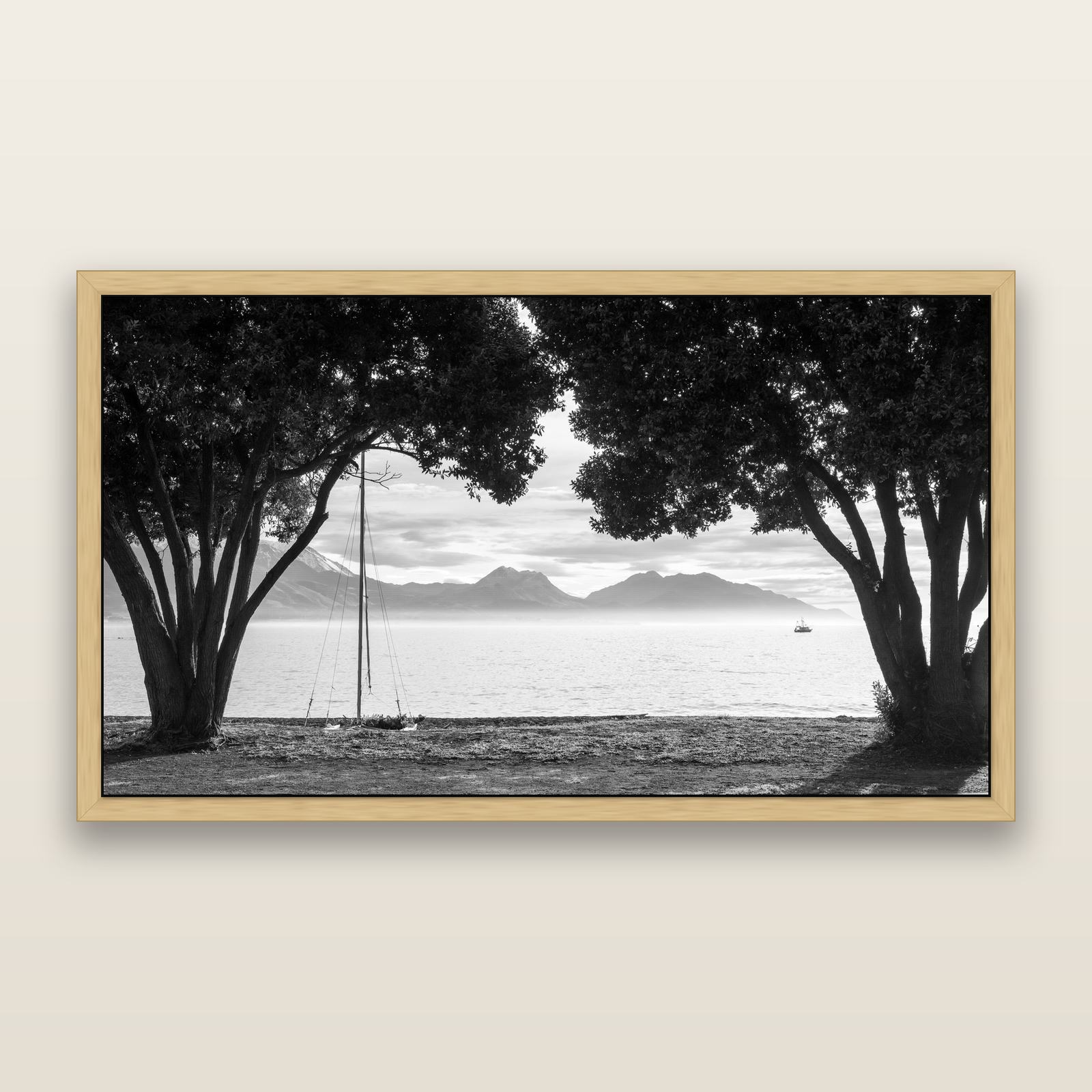 Kaikōura's Coastal Embrace, black and white framed metallic canvas print, Natural frame. New Zealand fine art wall art by Stephen Milner.
