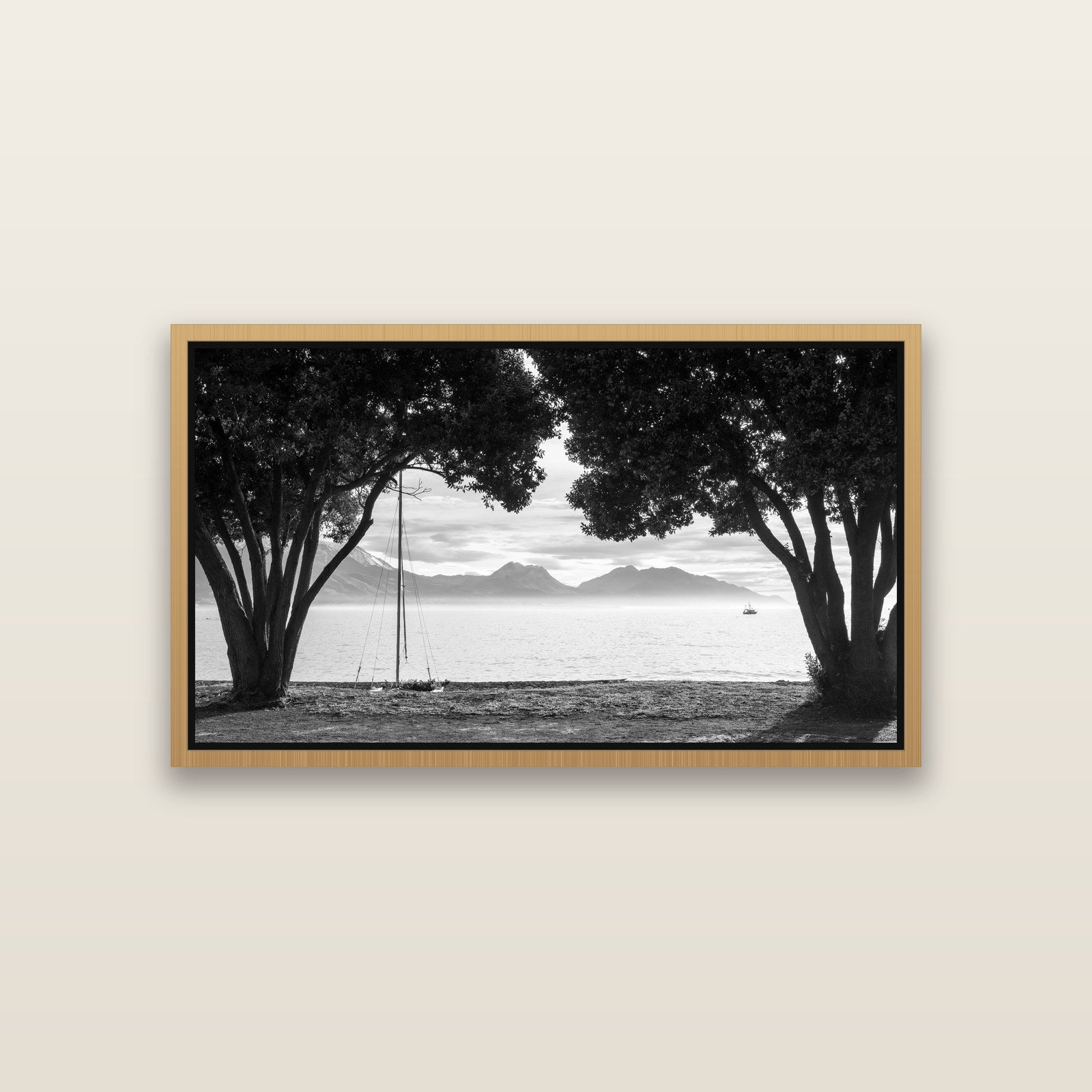 Kaikōura's Coastal Embrace — Natural framed metallic canvas print, small 81 × 46 cm. New Zealand fine art landscape wall art by Stephen Milner.