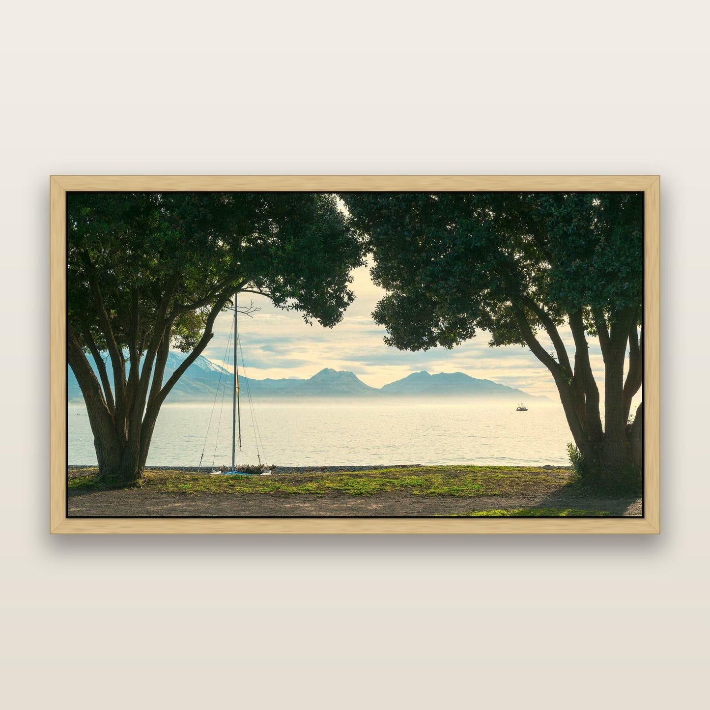 Kaikōura's Coastal Embrace — framed metallic canvas print, Natural frame. New Zealand fine art landscape wall art by Stephen Milner.