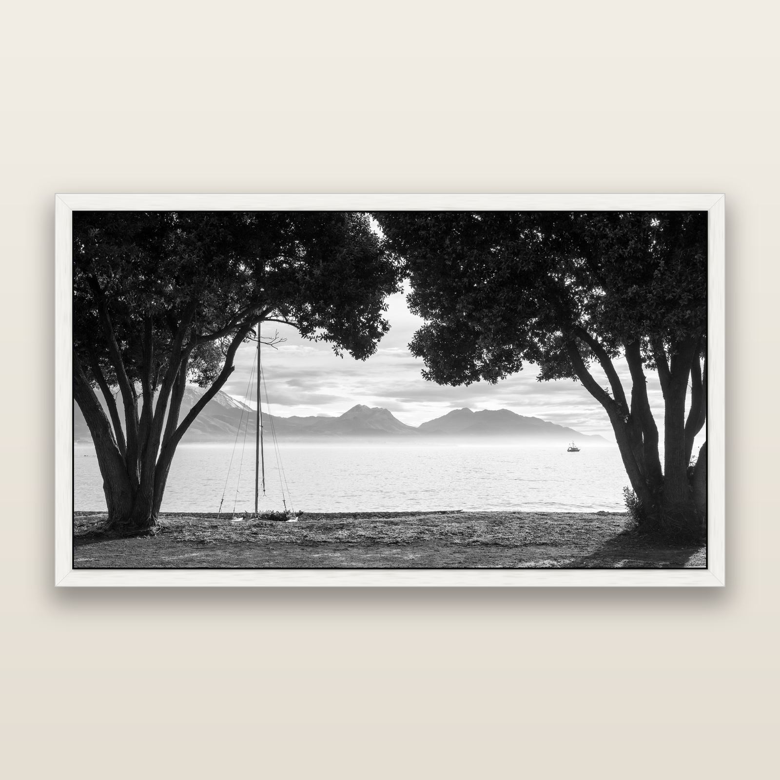 Kaikōura's Coastal Embrace, black and white framed metallic canvas print, White frame. New Zealand fine art wall art by Stephen Milner.
