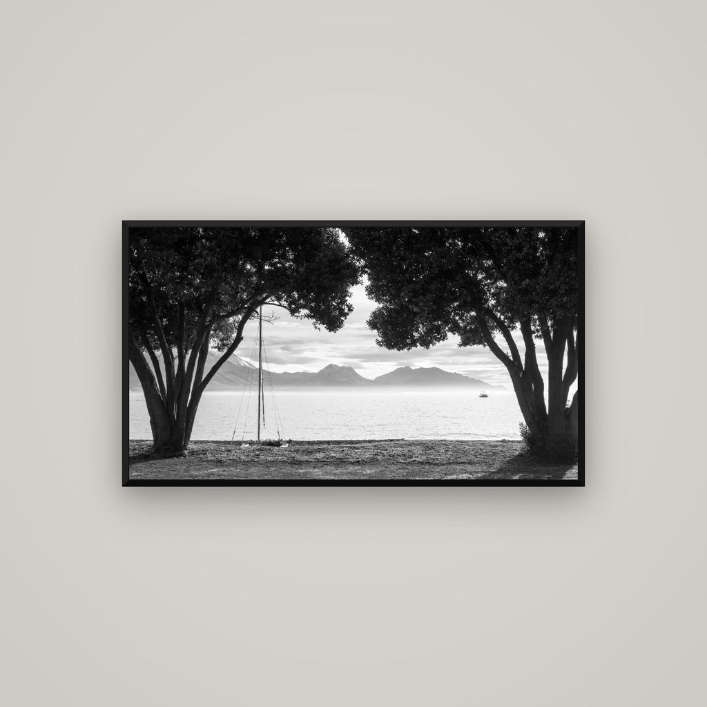 Kaikōura's Coastal Embrace — Basel Black Matte, 107×60 cm. New Zealand fine art wall art by Stephen Milner.