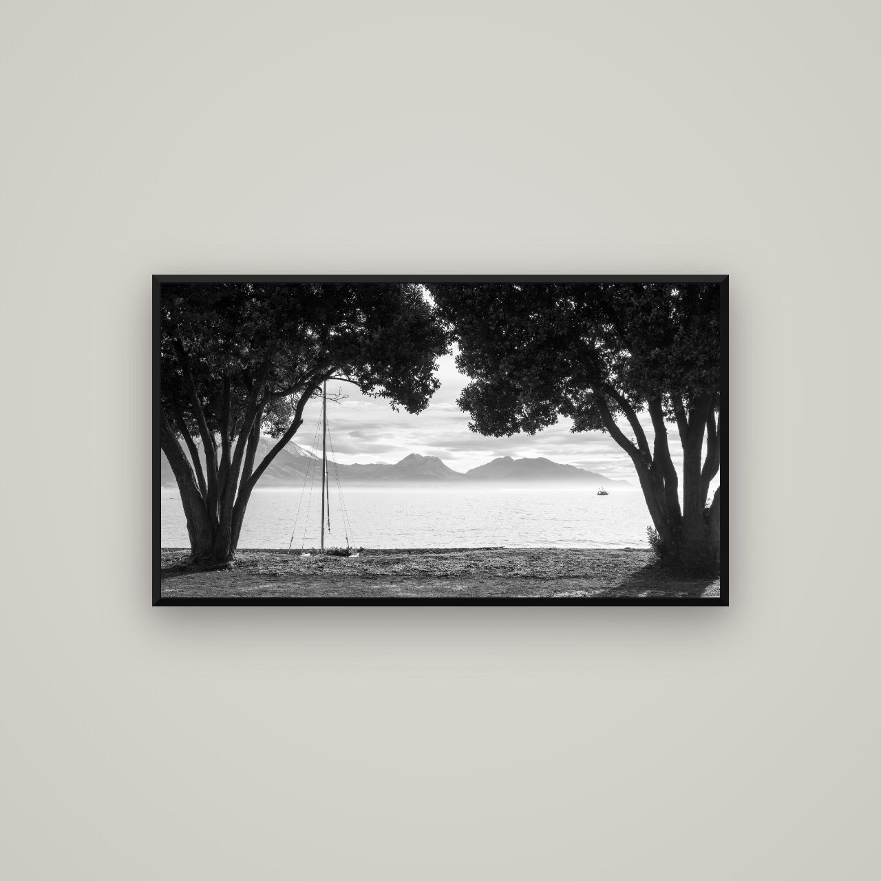 Kaikōura's Coastal Embrace — Basel Black, 107×60 cm. New Zealand fine art wall art by Stephen Milner.