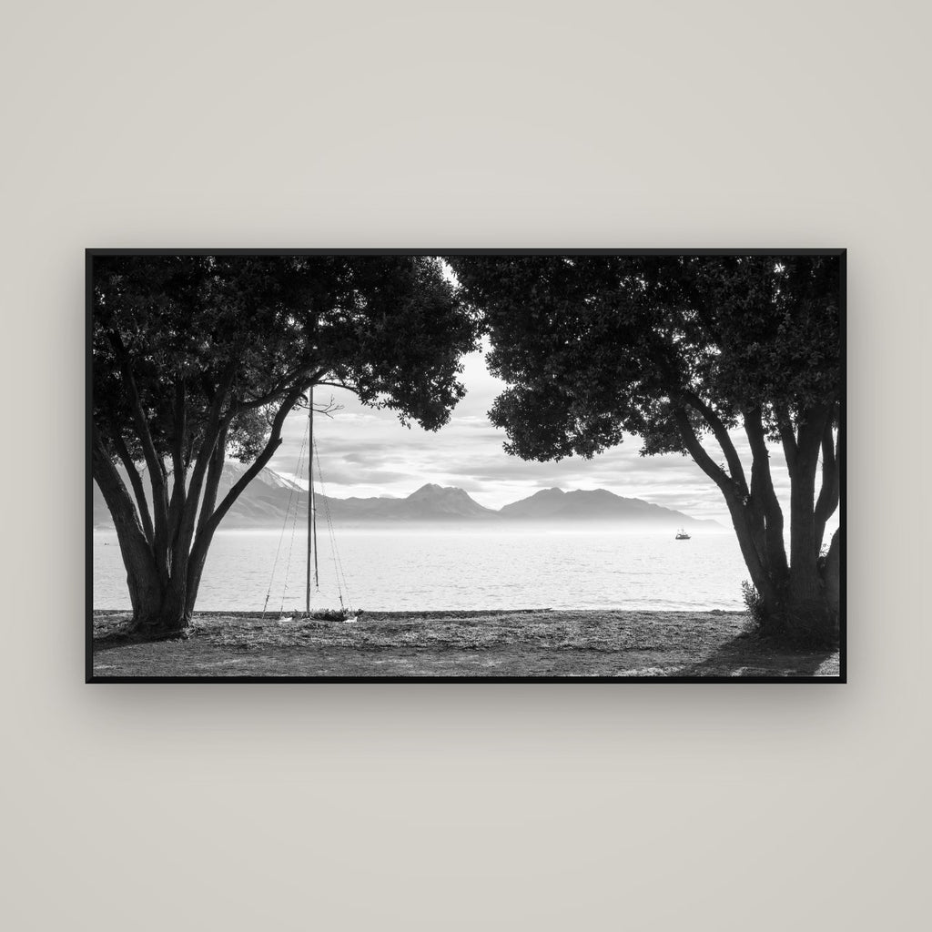 Kaikōura's Coastal Embrace — Basel Black Matte, 160×90 cm. New Zealand fine art wall art by Stephen Milner.
