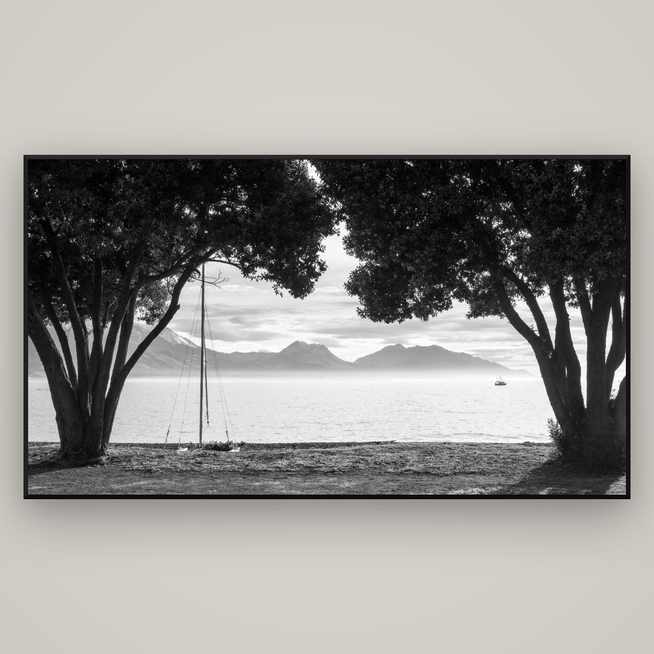 Kaikōura's Coastal Embrace — Basel Black, 196×110 cm. New Zealand fine art wall art by Stephen Milner.